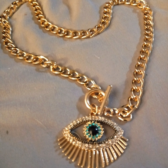 GOLD EVIL EYE CURB LINK NECKLACE 22-IN TOGGLE CLOSURE WHITE / BLUE TOPAZ - Picture 1 of 1